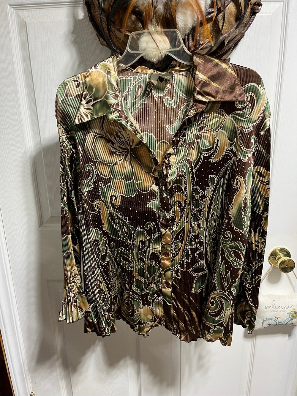 Paisley Print Satin Blouse in Brown and Sage Green